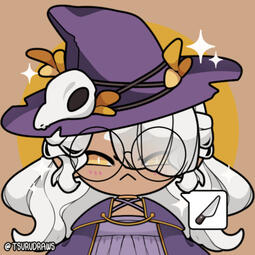An avatar of a tan skinned, white haired person wearing round framed glasses, a purple witch hat with a bird skull, purple dress, and purple cape. The speech bubble to their right displays a knife, and their expression is grumpy. Art by [tsurudraws.art](ht